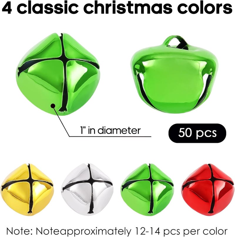 LIGHOON 50 PCS 1 Inch Christmas Jingle Bells, Colorful Metal Large Craft Bell, Bells for Christmas Home Decoration, Gifts Wrapping, DIY Projects, Festival Party Favors (Red, Green, Gold, Silver) - Image 2